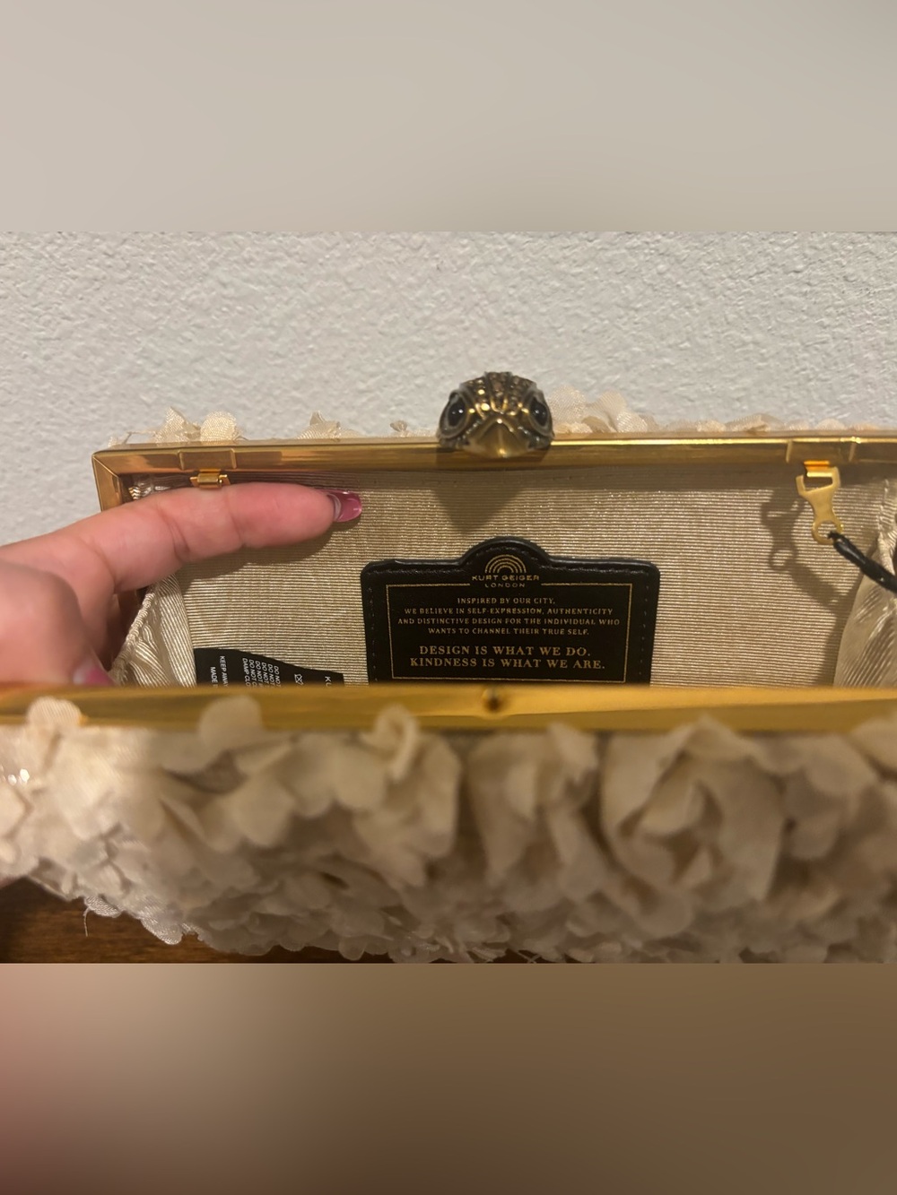 Kurt Geiger cream floral ruffle frame clutch - Picture 12 of 13